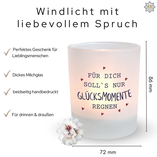 Windlicht Glas Gluecksmomente Geschenk Frauen Geburtstag Teelichthalter Kerze Kuestenglueck