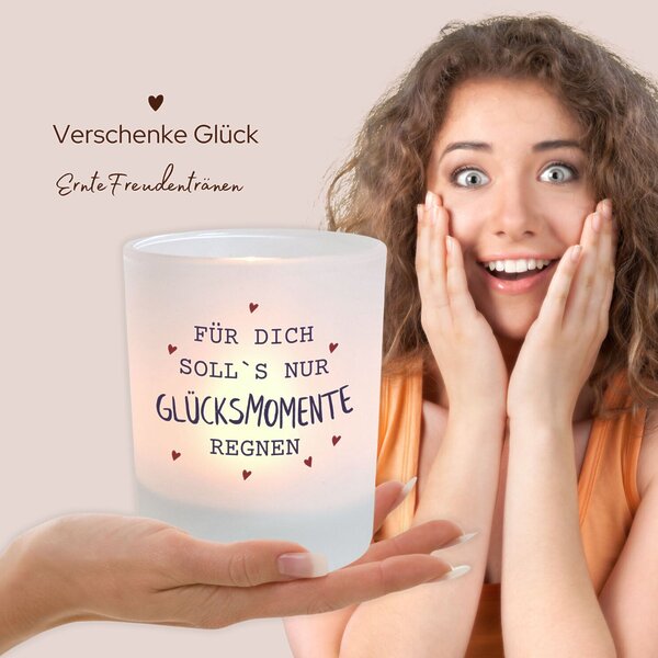 Windlicht Glas Gluecksmomente Geschenk Frauen Geburtstag Teelichthalter Kerze Kuestenglueck2