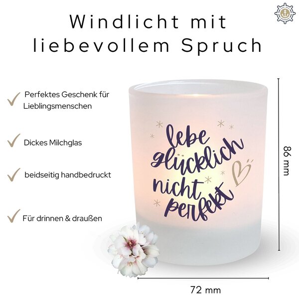 Windlicht Glas Spruch Gluecklich Nicht Perfekt Geschenk Geburtstag Deko Teelichthalter Kerze Kuestenglueck