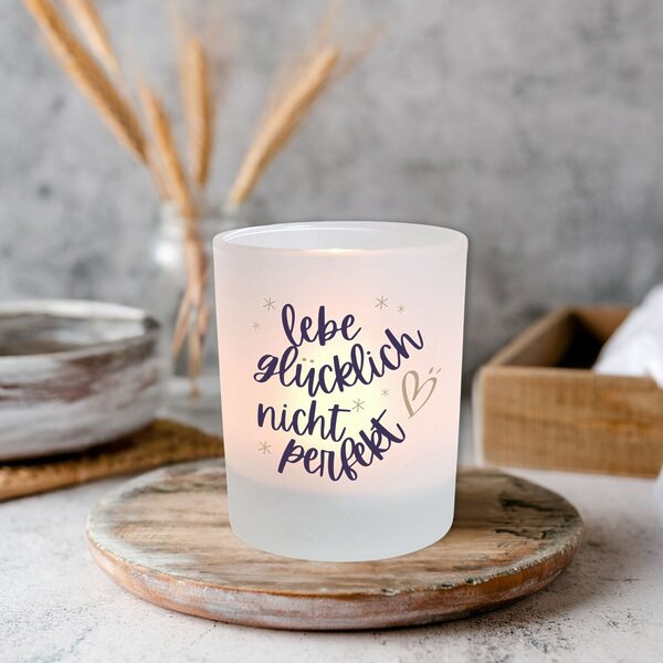 Windlicht Glas Spruch Gluecklich Nicht Perfekt Geschenk Geburtstag Deko Teelichthalter Kerze Kuestenglueck2