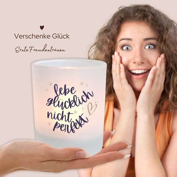 Windlicht Glas Spruch Gluecklich Nicht Perfekt Geschenk Geburtstag Deko Teelichthalter Kerze Kuestenglueck6