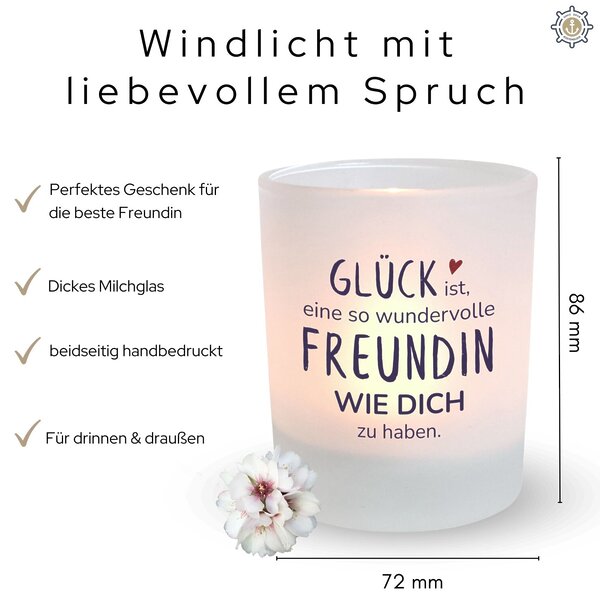 Windlicht Glas Spruch Gluecksfreundin Geschenk Freundin Geburtstag Teelichthalter Kerze Kuestenglueck