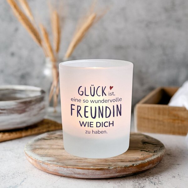 Windlicht Glas Spruch Gluecksfreundin Geschenk Freundin Geburtstag Teelichthalter Kerze Kuestenglueck2