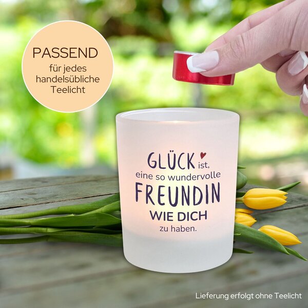 Windlicht Glas Spruch Gluecksfreundin Geschenk Freundin Geburtstag Teelichthalter Kerze Kuestenglueck3