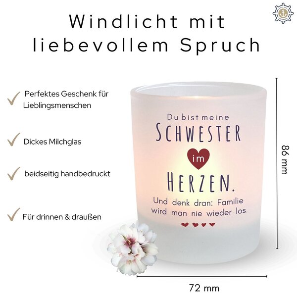 Windlicht Glas Schwester Im Herzen Spruch Geschenk Freundin Geburtstag Teelichthalter Kerze Deko Kuestenglueck