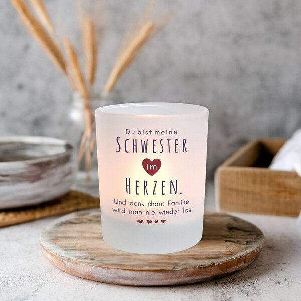 Windlicht Glas Schwester Im Herzen Spruch Geschenk Freundin Geburtstag Teelichthalter Kerze Deko Kuestenglueck2