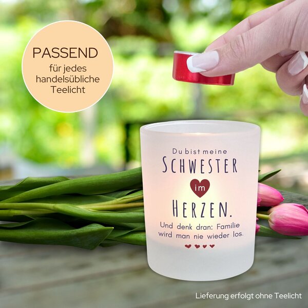 Windlicht Glas Schwester Im Herzen Spruch Geschenk Freundin Geburtstag Teelichthalter Kerze Deko Kuestenglueck3