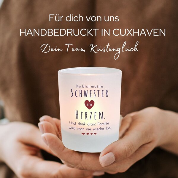 Windlicht Glas Schwester Im Herzen Spruch Geschenk Freundin Geburtstag Teelichthalter Kerze Deko Kuestenglueck5