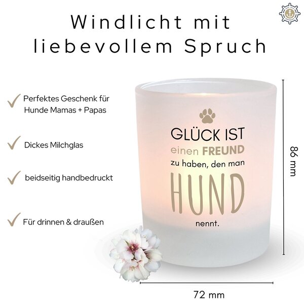 Windlicht Glas Spruch Hundeglueck Geschenk Hundebesitzer Geburtstag Teelichthalter Kerze Deko Kuestenglueck