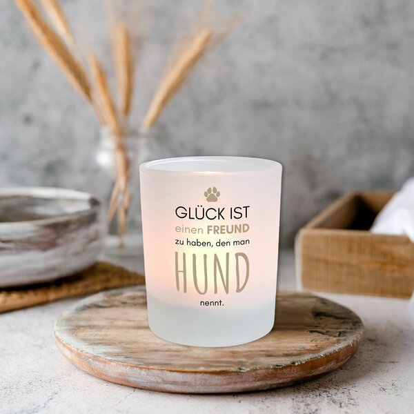 Windlicht Glas Spruch Hundeglueck Geschenk Hundebesitzer Geburtstag Teelichthalter Kerze Deko Kuestenglueck2