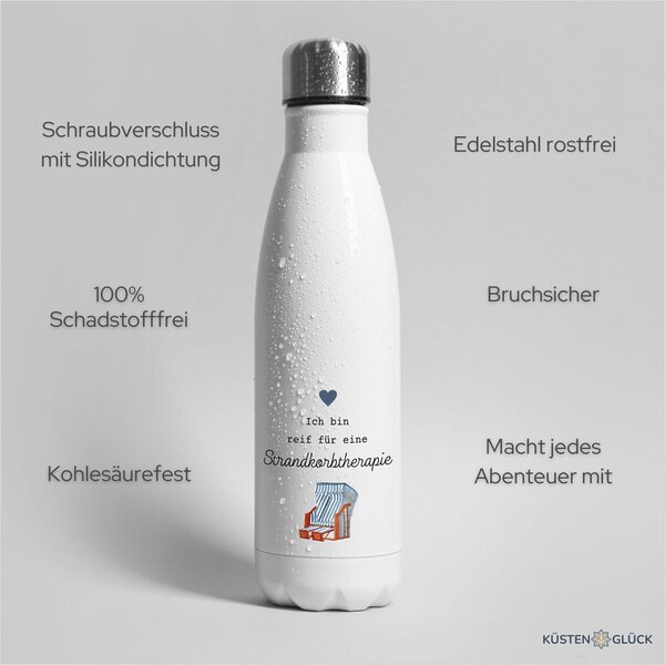 Thermosflasche Edelstahl Trinkflasche 500ml Strandkorb Therapie Weiß Kuestenglueck