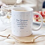 Tasse mit Anker Spruch Das Geheimnis eines glücklichen Lebens ist, ab und zu ans Meer zu fahren. I 300ml I weiß, blau, beige. Maritimes Geschenk für Freundin, Kollegin, Familie. Zum Geburtstag, als Mitbringsel oder einfach so.