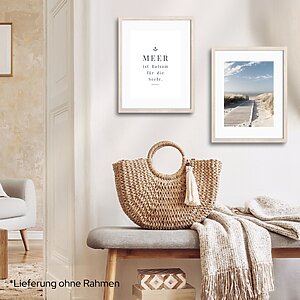 Meer Sprüche Poster-Set Balsam für die Seele I Spruch „Meer ist Balsam für die Seele“ I 2 Stück DIN A4, 210 X 297 mm I Mattes 300 g/m² Fine-Art Premiumpapier I zauberhafte Meer Bilder Wanddeko I Motiv: Strand, Düne, Sand, Meer, Wellen I beige, blau, Schwarz, Boho, Landhaus, Skandi, Lieferung erfolgt ohne Rahmen