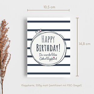 Grußkarte Happy Birthday Geburtstag Karte Gestreift Blau Weiß Kuestenglueck