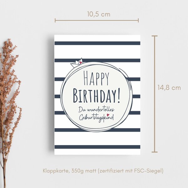 Grußkarte Happy Birthday Geburtstag Karte Gestreift Blau Weiß Kuestenglueck