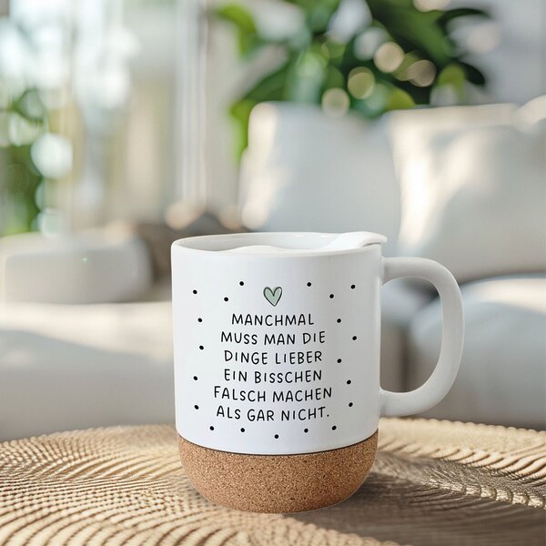 Tasse mit Deckel Leg los, Keramiktasse mit Kork, Korktasse mit Spruch, Punkte, braun schwarz grün Spruch Kaffeepott Kaffeebecher Kaffeetasse Geschenk, Tasse Becher