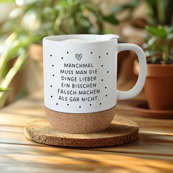 Tasse mit Deckel Leg los, Keramiktasse mit Kork, Korktasse mit Spruch, Punkte, braun schwarz grün Spruch Kaffeepott Kaffeebecher Kaffeetasse Geschenk, Tasse Becher