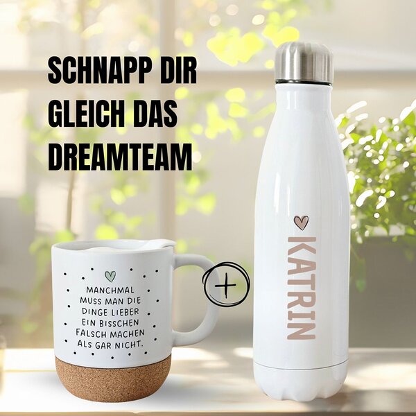 Tasse mit Deckel Leg los, Keramiktasse mit Kork, Korktasse mit Spruch, Punkte, braun schwarz grün Spruch Kaffeepott Kaffeebecher Kaffeetasse Geschenk, Tasse Becher